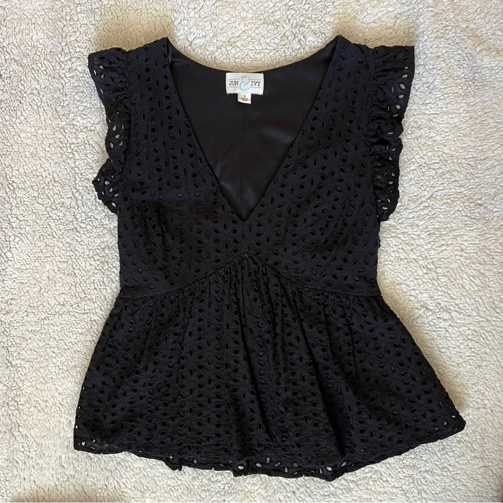 Black Eyelet V-Neck Top